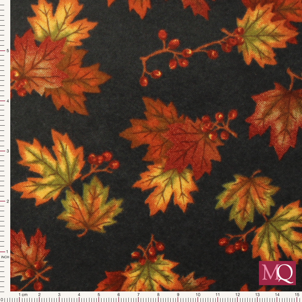 Cotton quilting fabric in soft brushed cotton with Autumn berries and leaves on black background