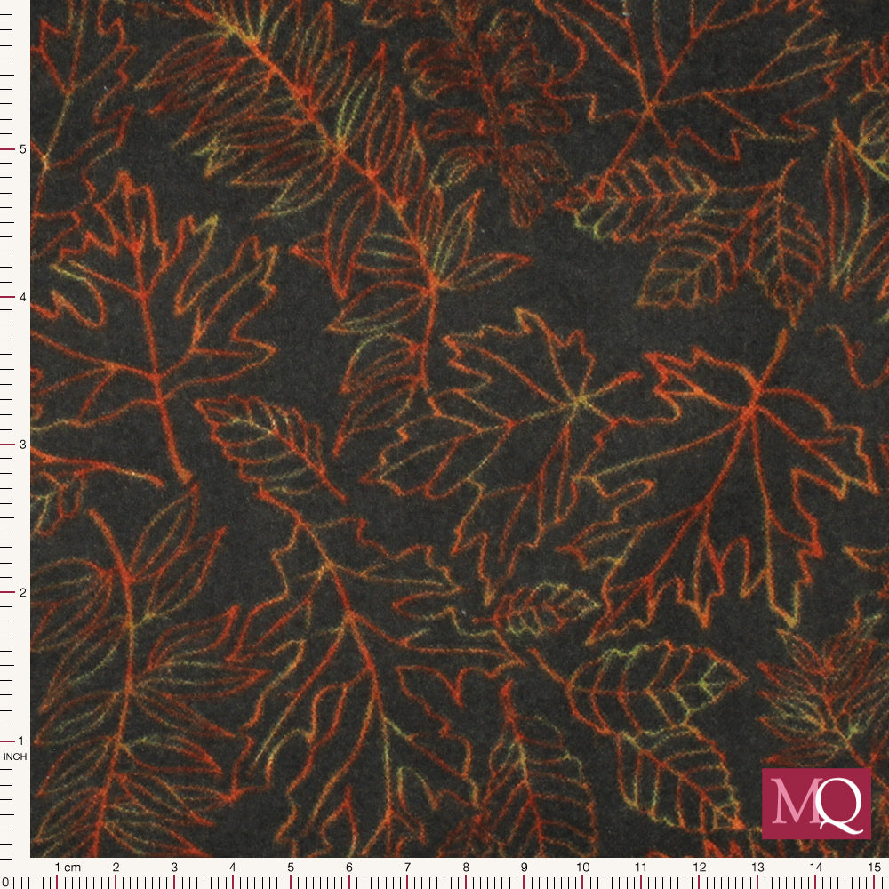 Cotton quilting fabric with soft brushed texture featuring orange outlines of leaves on black background