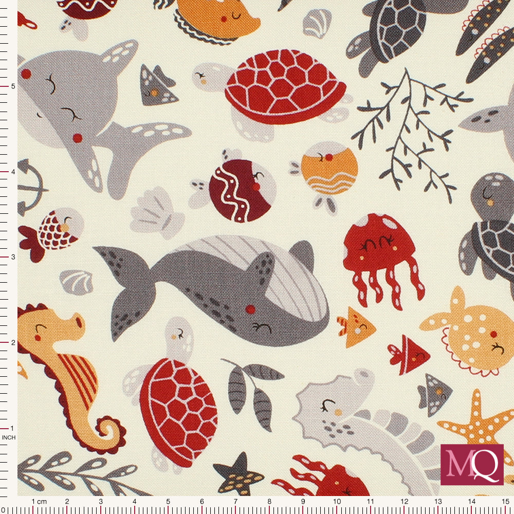 Cotton quilting fabric with novelty sea creature pattern including whales, dolphins, seahorses, turtles and fish