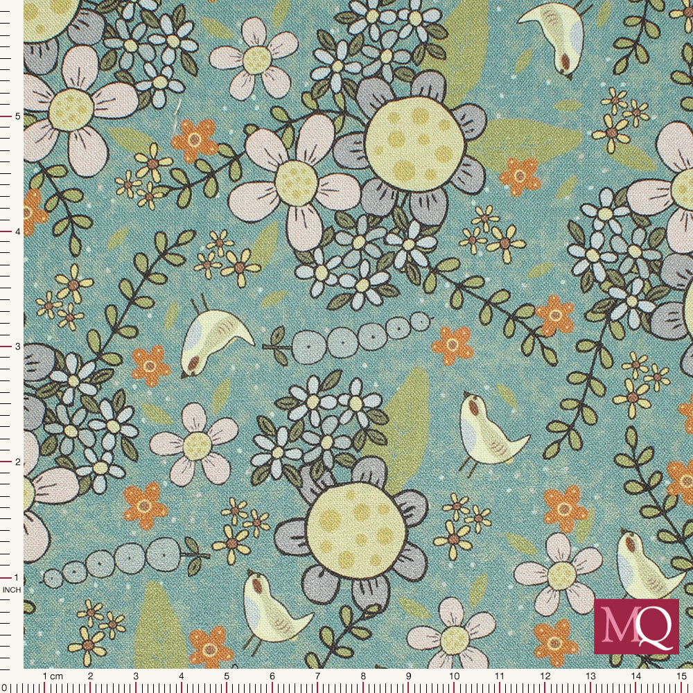 Cotton quilting fabric with modern illustrative design of birds and flowers with a teal theme