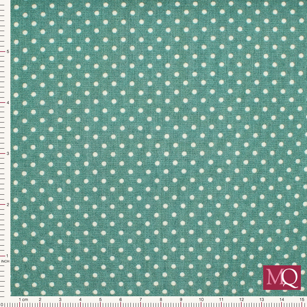 Cotton quilting fabric with all over white polkadots on teal background by Makower