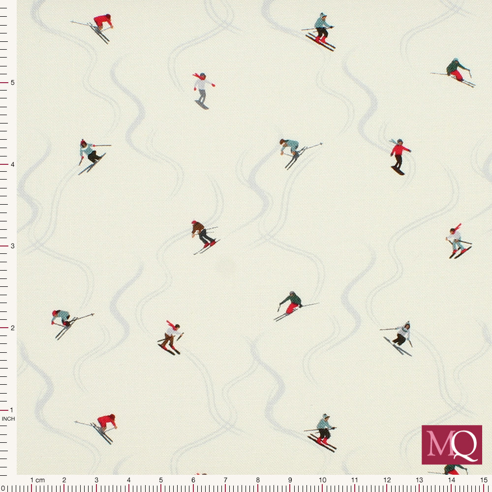 Winter themed cotton quilting fabric with ski print on white background