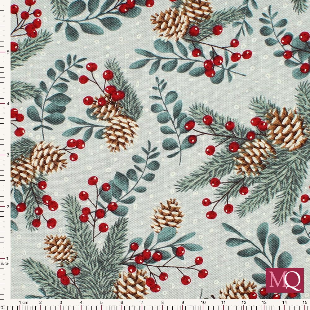 100% cotton quilting fabric with red berries and pine cones on a grey-blue background