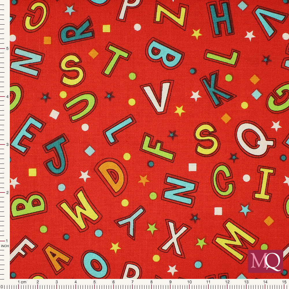 Cotton quilting fabric with multicoloured letters on red background