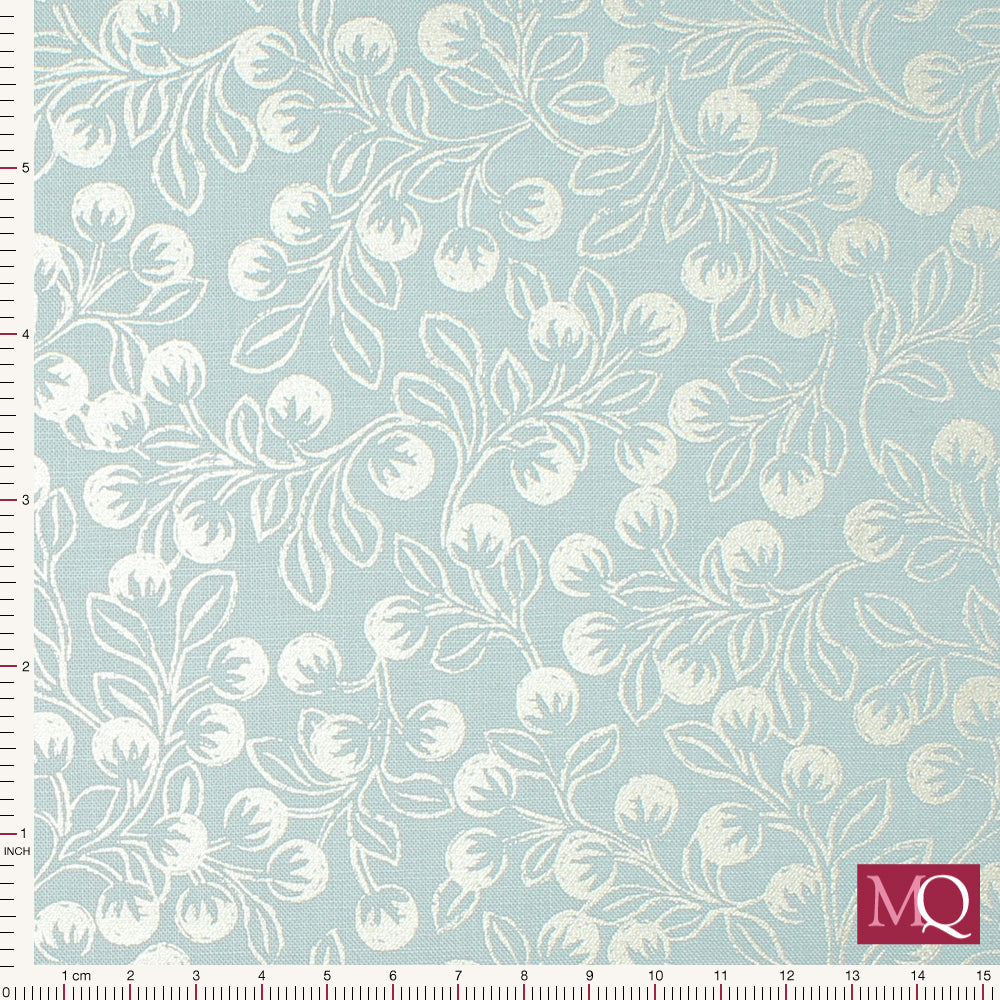 Cotton quilting fabric with pearlescent print of winter berries on ice blue background