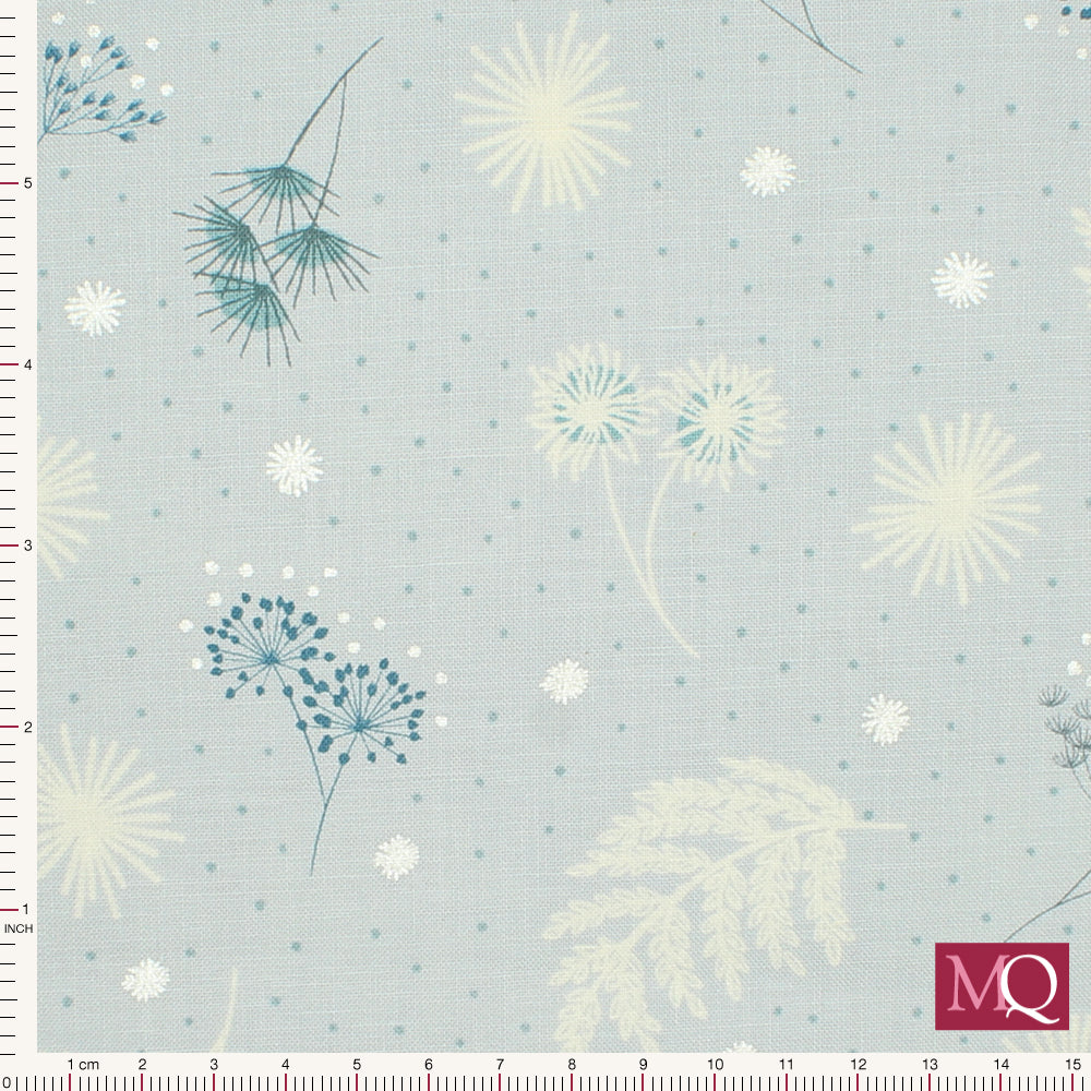 Cotton quilting fabric with delicate winter stems on an icy blue background