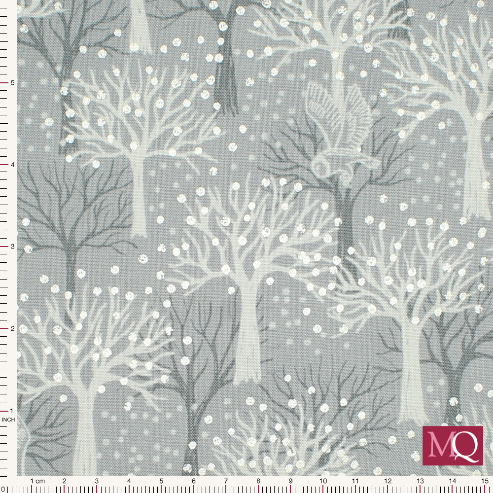 Cotton quilting fabric with tonal tree print and owls