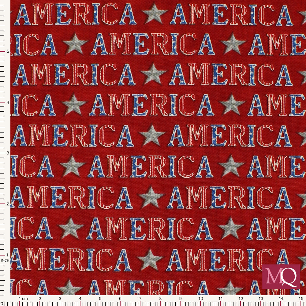 Red Cotton Quilting Fabric with America Letters and Stars