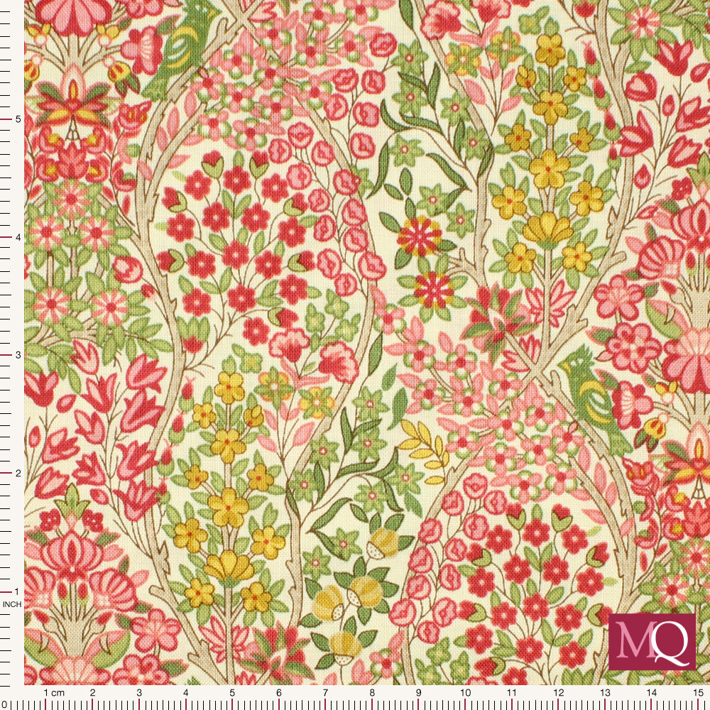 Cotton quilting fabric with red, green and yellow flowers intertwined on a cream background with an arts and crafts feel