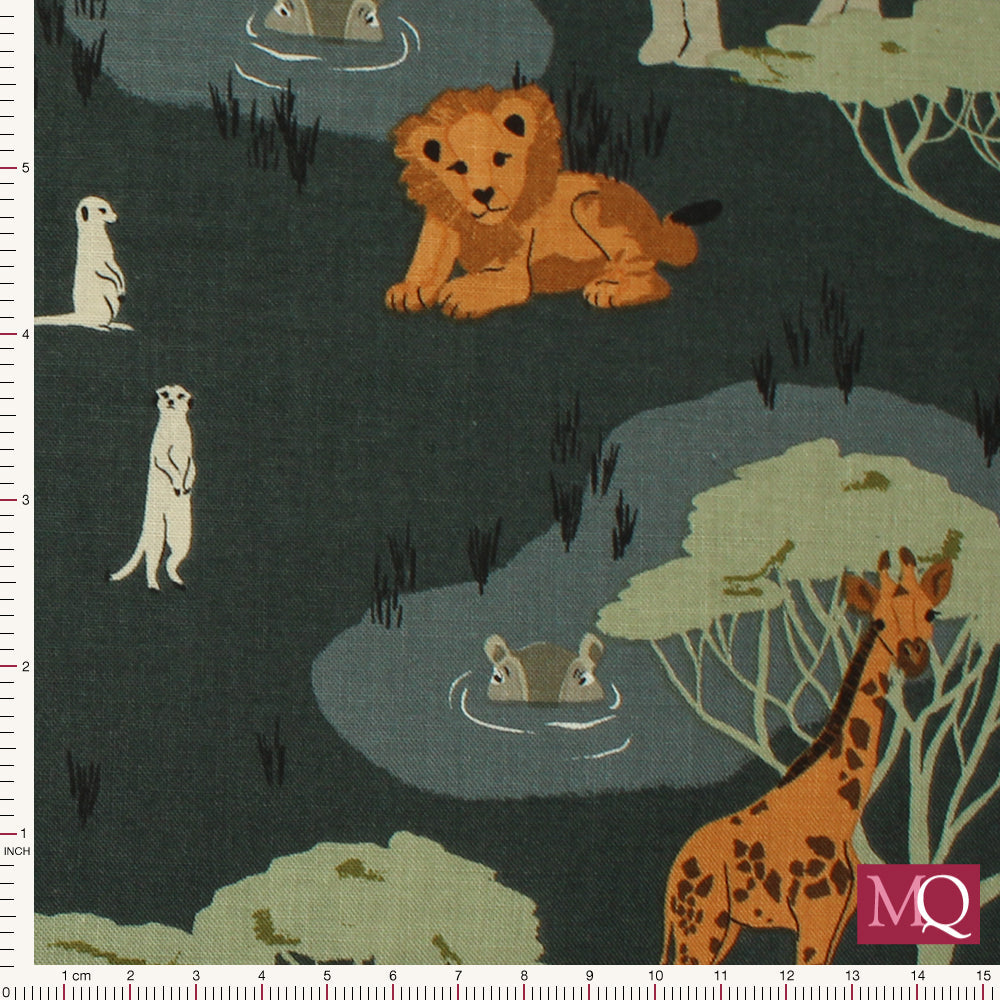Cotton quilting fabric with safari design including meercats, a giraffe, lion and hippo on a dark background