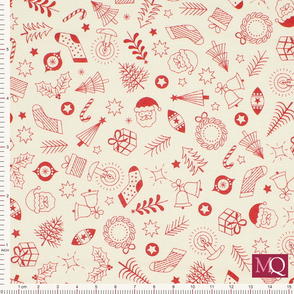 Christmas cotton quilting fabric with cute minimalistic Christmas doodles of Father Christmas, Stockings, Bells, Wreaths and Trees