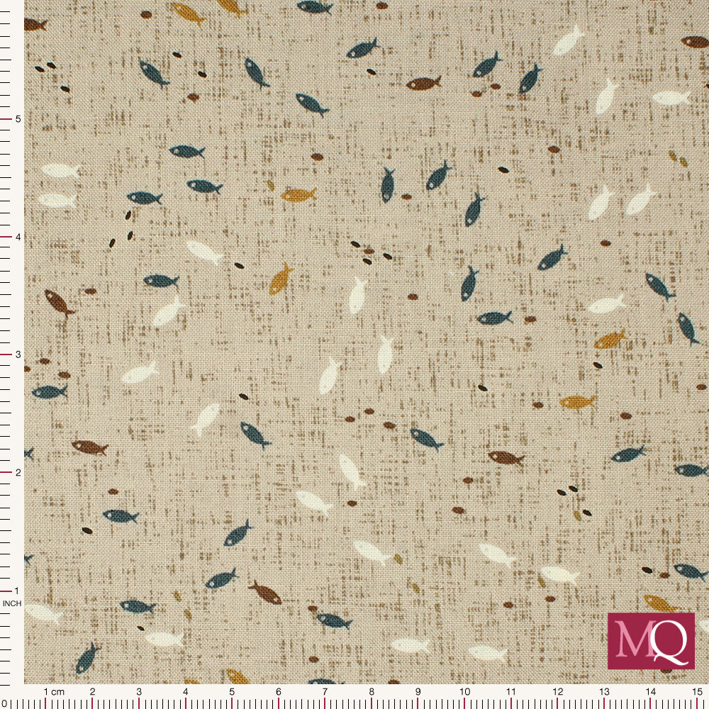 Cotton quilting fabric with tiny fish in warm browns, teals, mustard and white on a cross hatched brown background