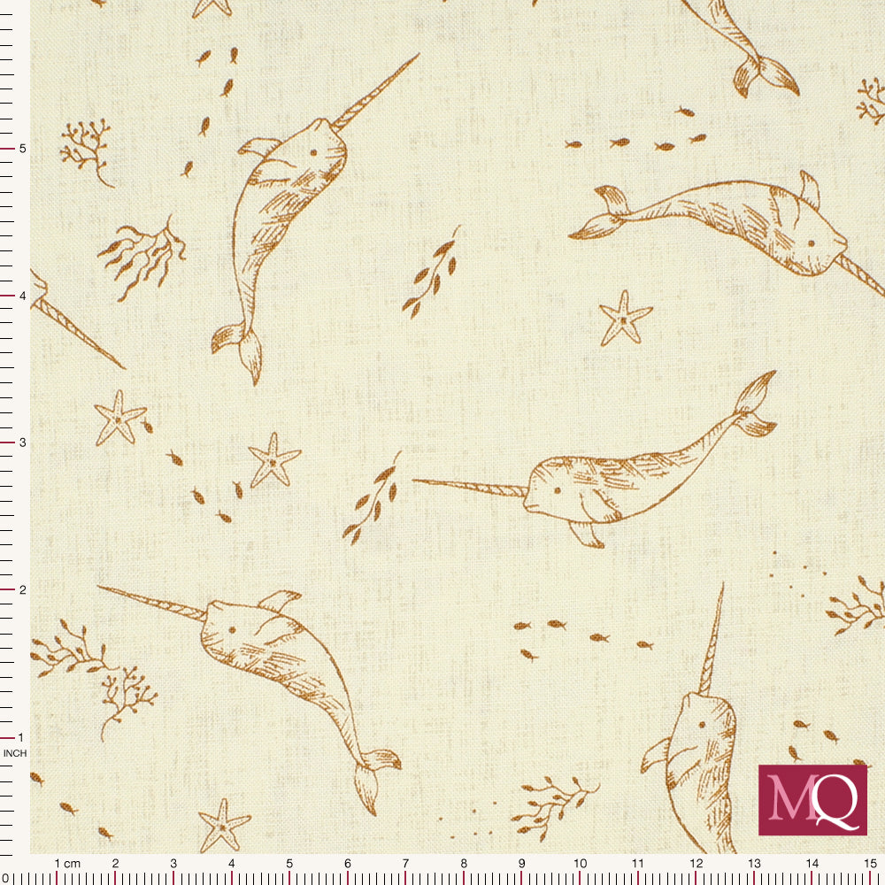 Cotton quilting fabric with brown line drawings of narwhals on cream background