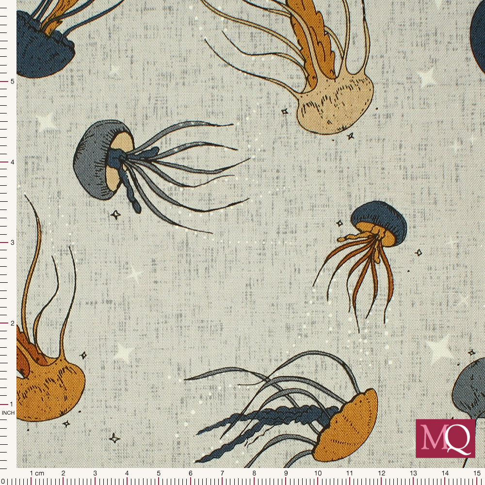 Cotton quilting fabric with modern illustrations of jellyfish in browns and deep teals on crosshatched grey background