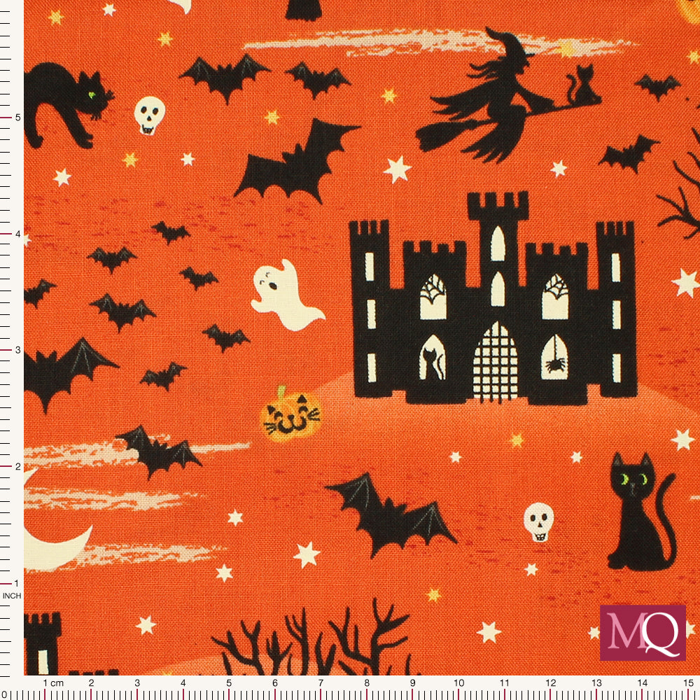 Cotton quilting fabric with halloween theme on orange, featuring bats, witches, cats, skulls, pumpkins, bats and ghosts plus a spooky house