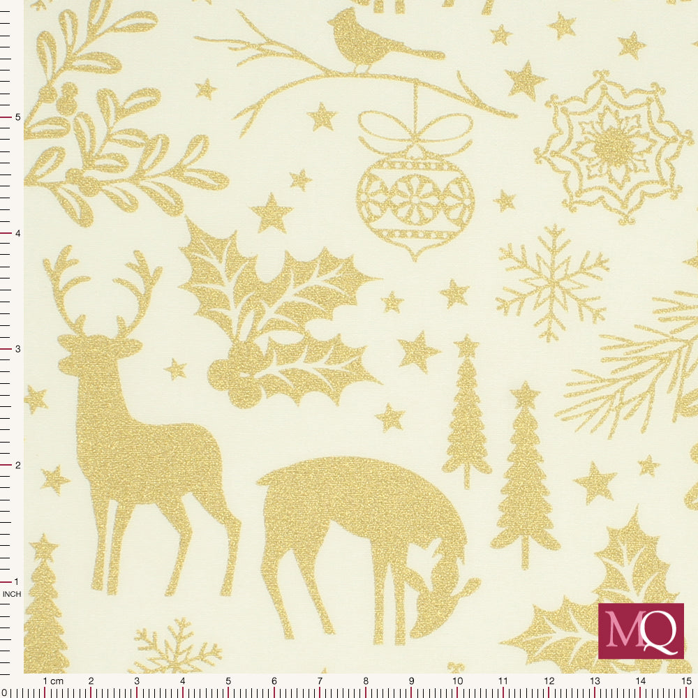 Cotton quilting fabric with modern Christmas-themed forest print including reindeer, holly and mistletoe