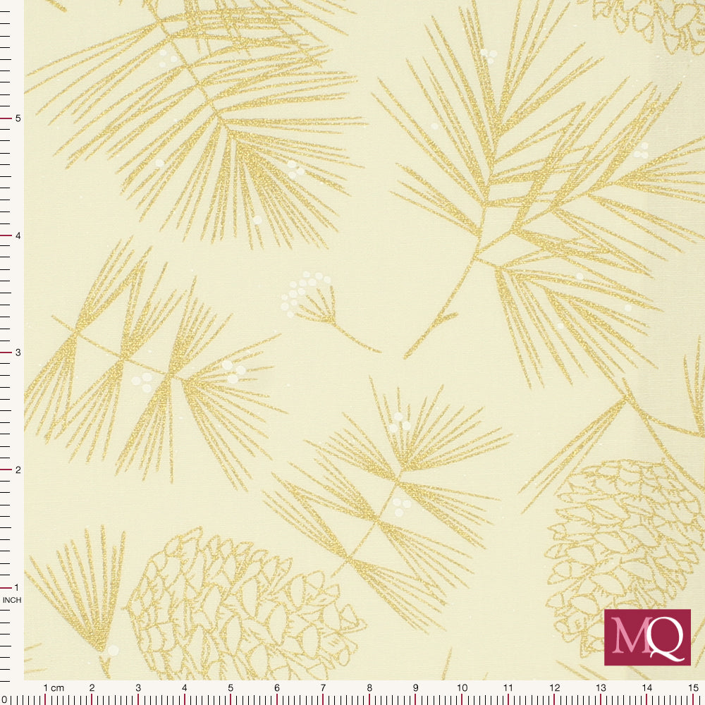 Cotton quilting fabric with modern Christmas print of pine cones and foliage in gold on cream