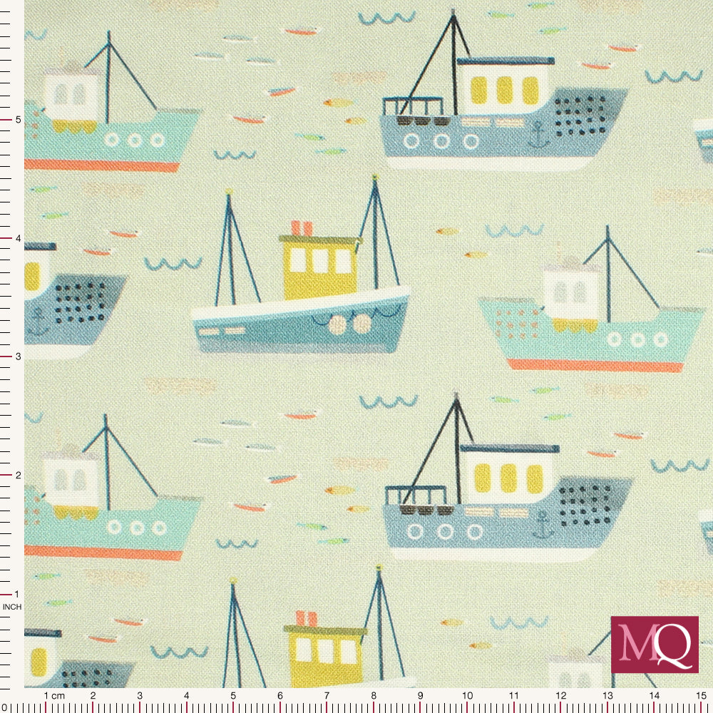 Cotton quilting fabric with modern illustrations of fishing boats on a sea foam coloured background