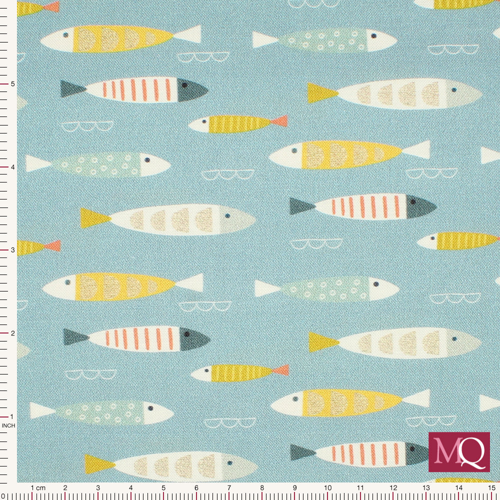 Cotton quilting fabric with modern fish design on plain teal background