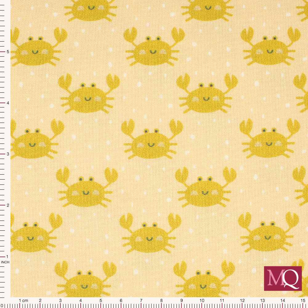 Cotton quilting fabric with small smiling crabs in modern illustrative style on tonal yellow background