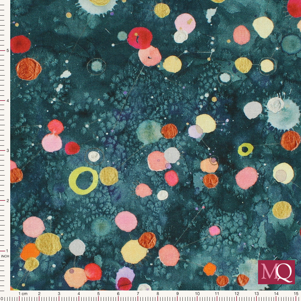 Cotton quilting fabric with abstract atomic constellation design in watercolour print