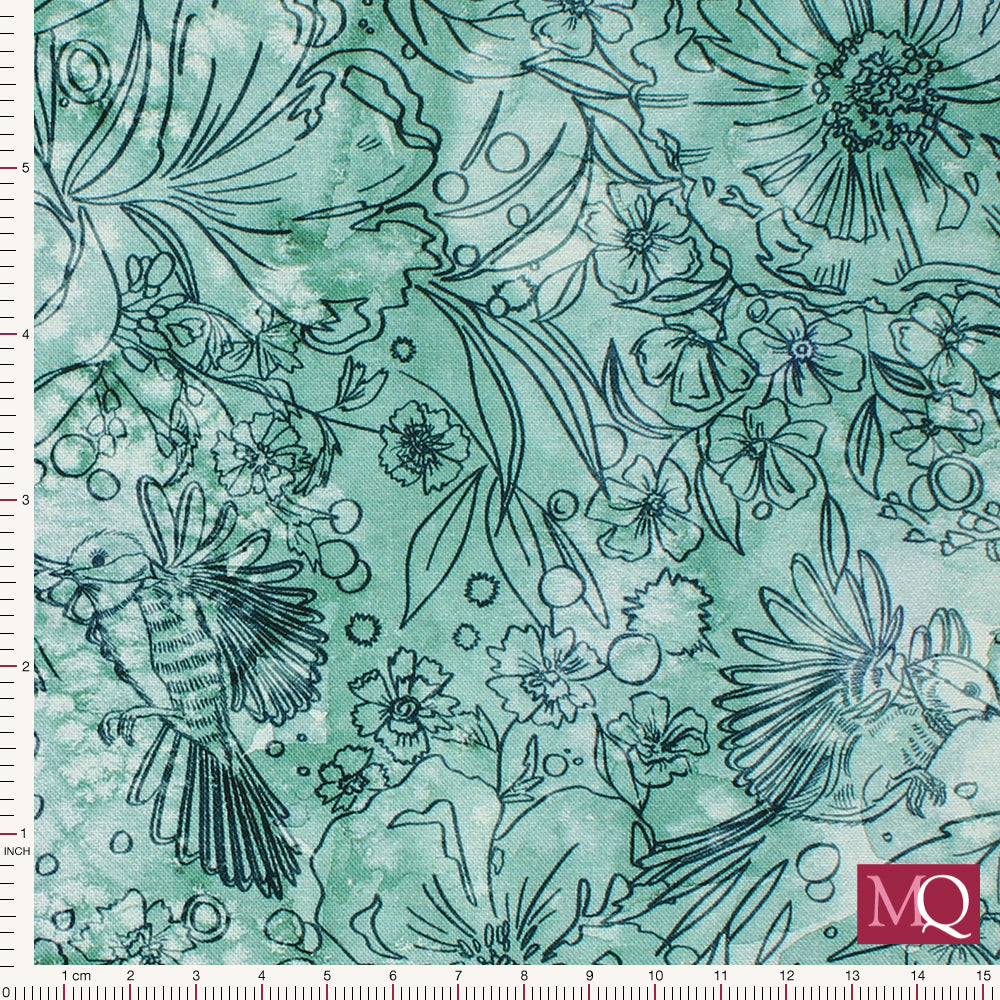 Cotton quilting fabric with tonal turquoise line drawing of flowers and garden birds