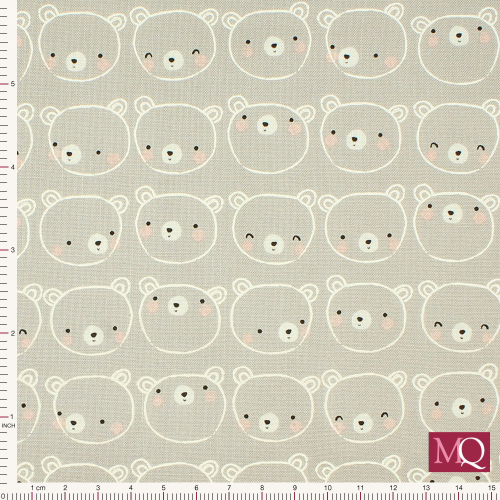 Cotton quilting fabric featuring smiling bears on muted grey background