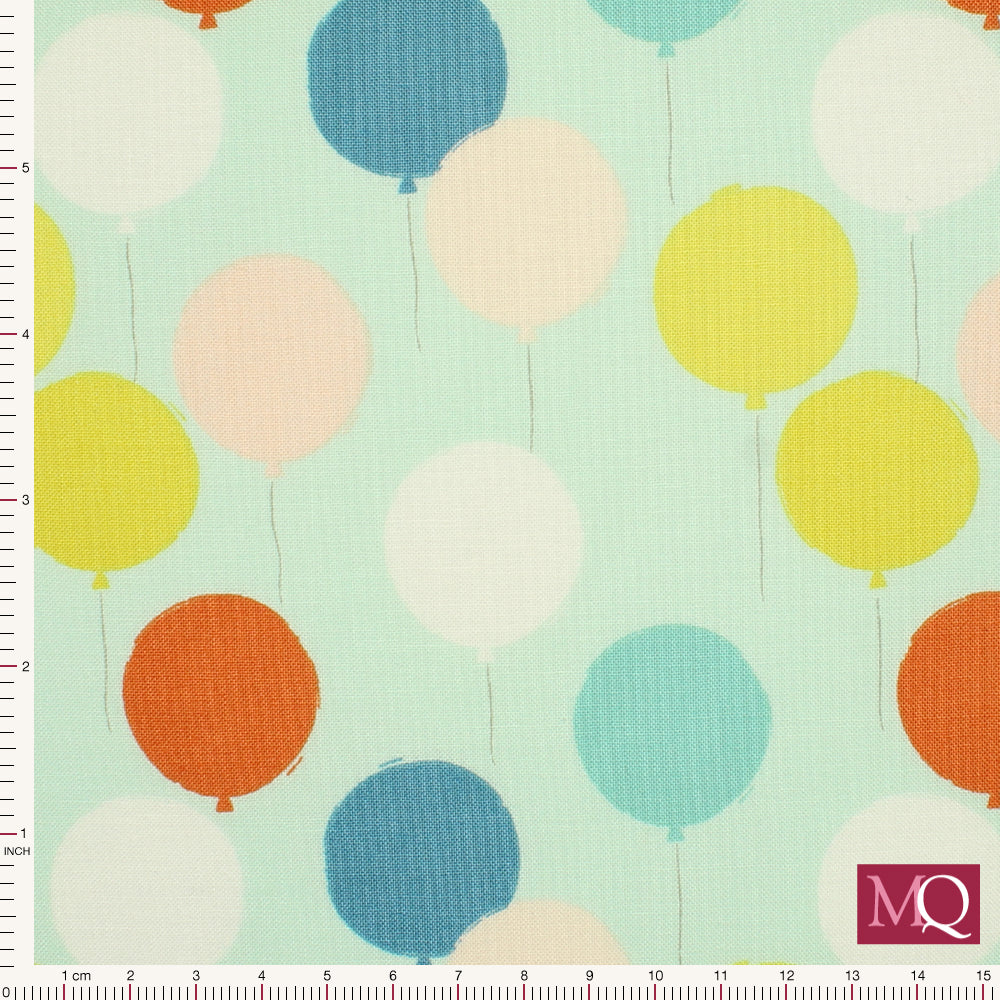 Cotton quilting fabric with modern balloon illustrations in warm colours on turquoise background