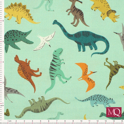Cotton quilting fabric with fun cartoon dinosaurs on modern turquoise background