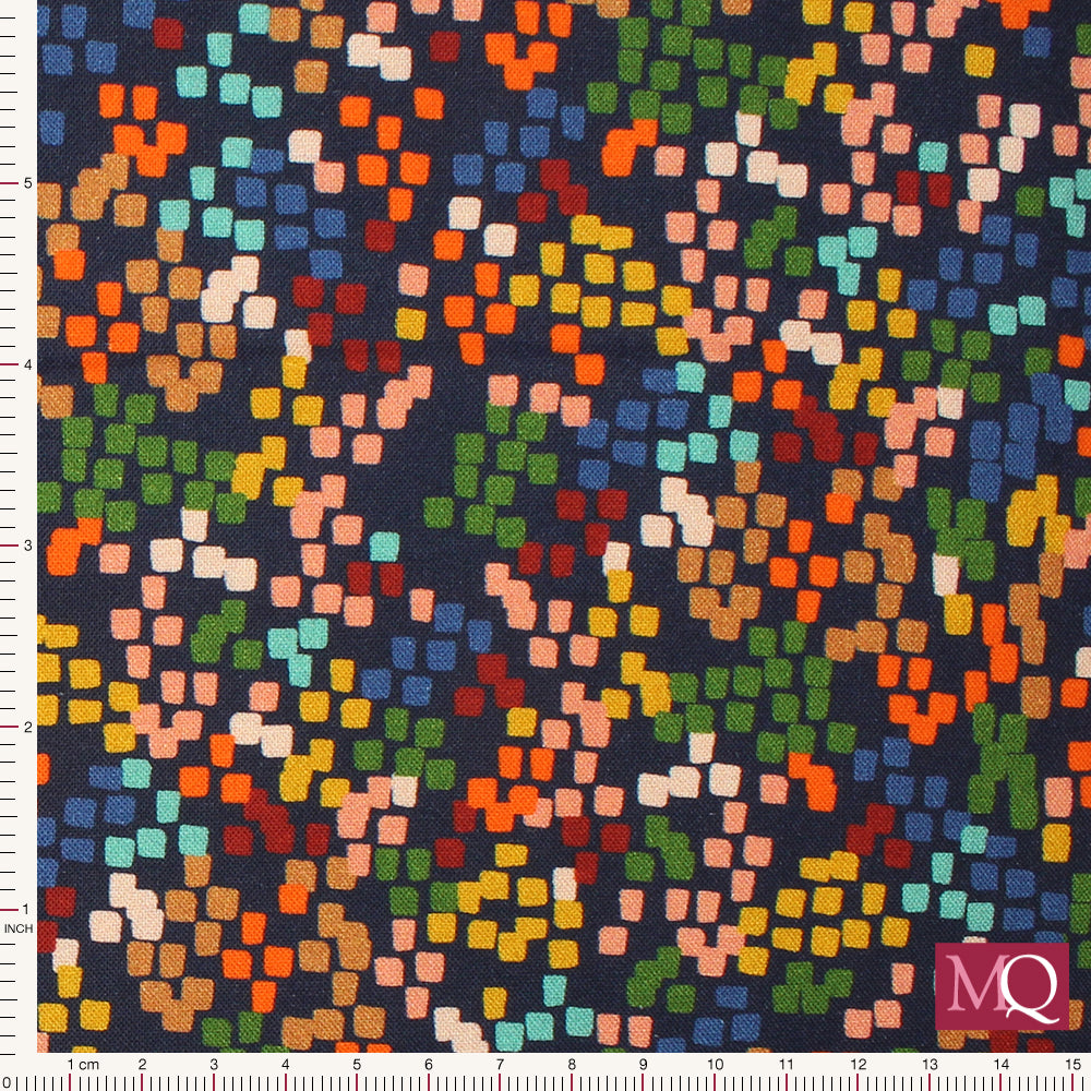 Cotton quilting fabric with modern design of multicoloured grouped squares on navy