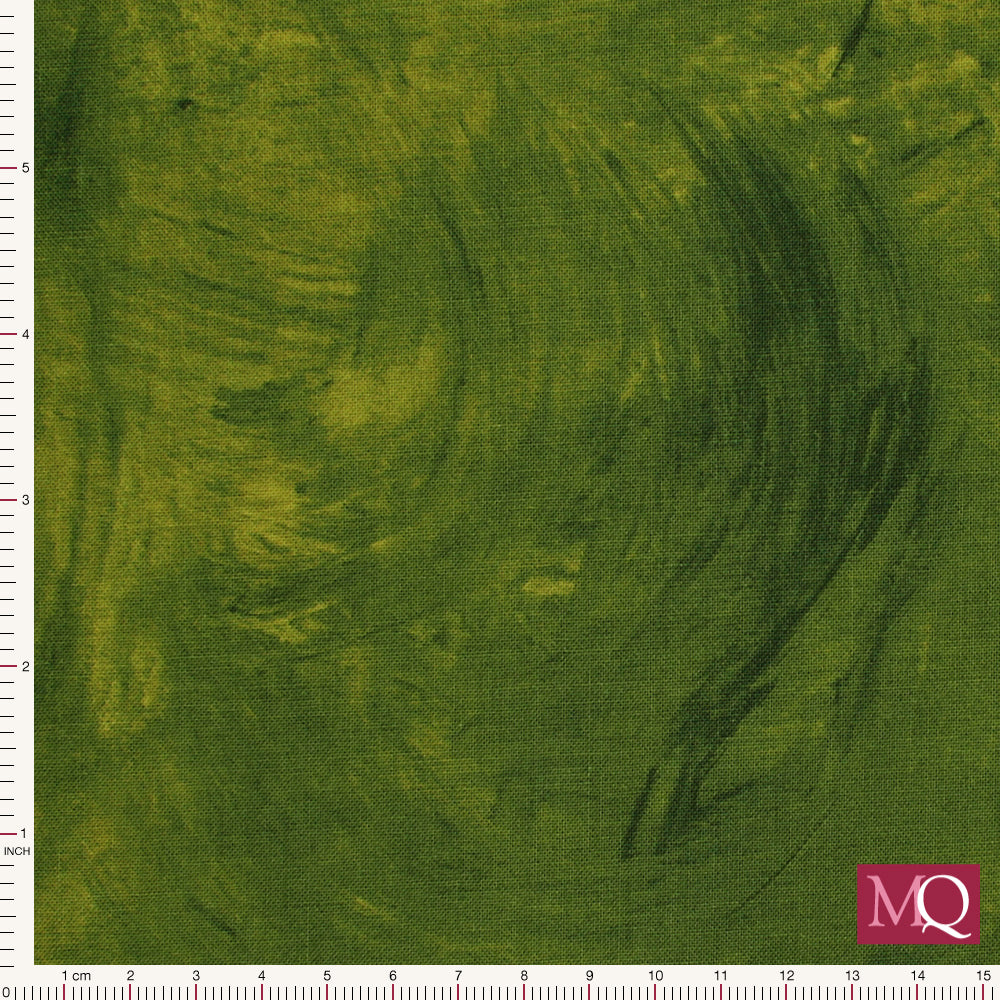 Cotton quilting fabric with tonal painterly design in moss green with brushstroke pattern