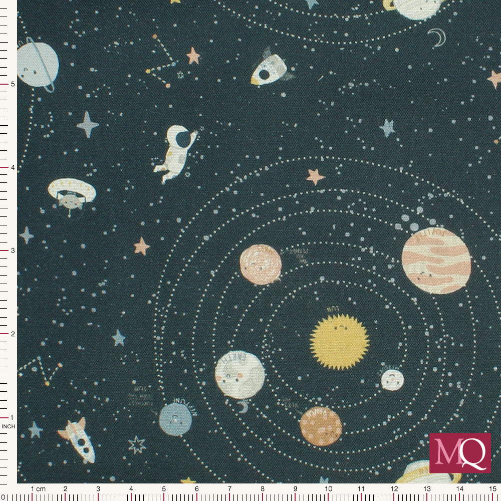 Cotton quilting fabric featuring the solar system, astronauts and aliens