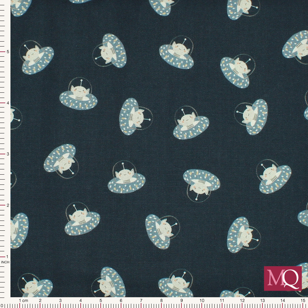 Cotton quilting fabric featuring tiny UFOs and smiling alien on navy space backdrop