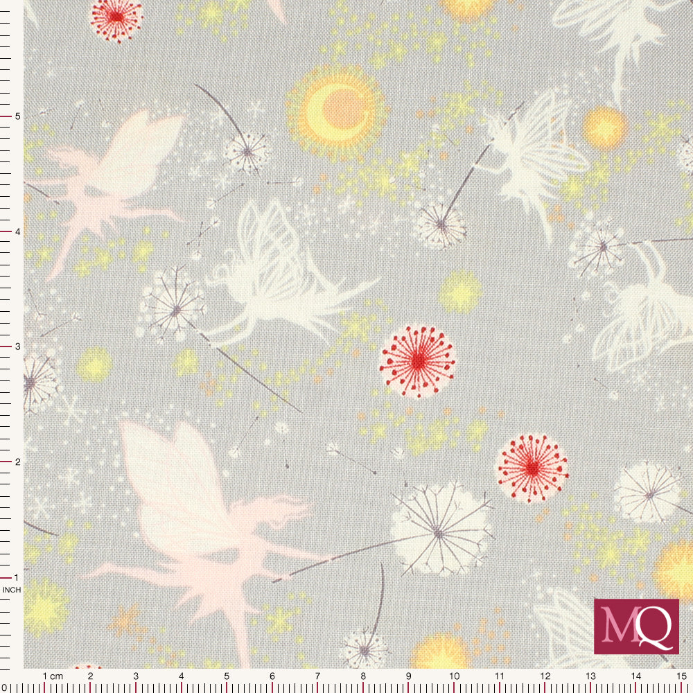 Cotton quilting fabric with fairy silhouettes on a warm grey background with dandelions