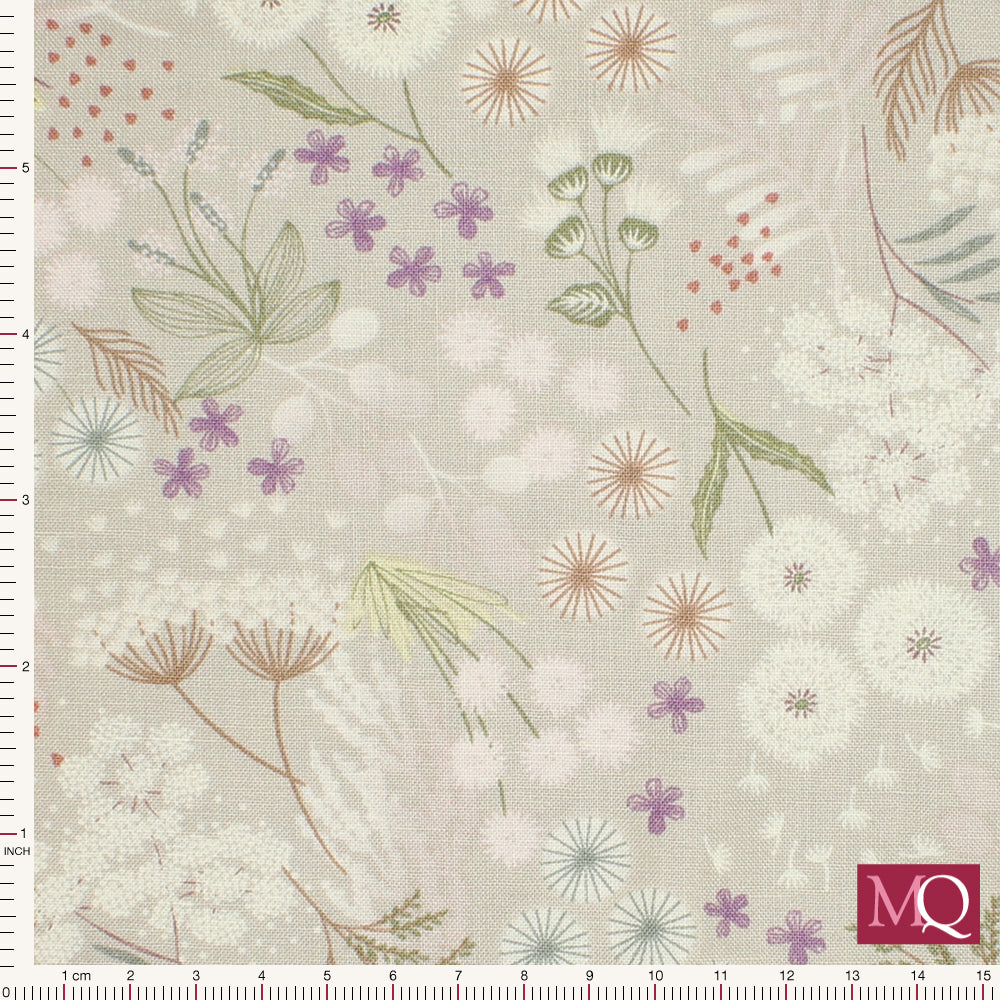 Cotton quilting fabric with botanical theme in calming muted tones featuring fairy clocks