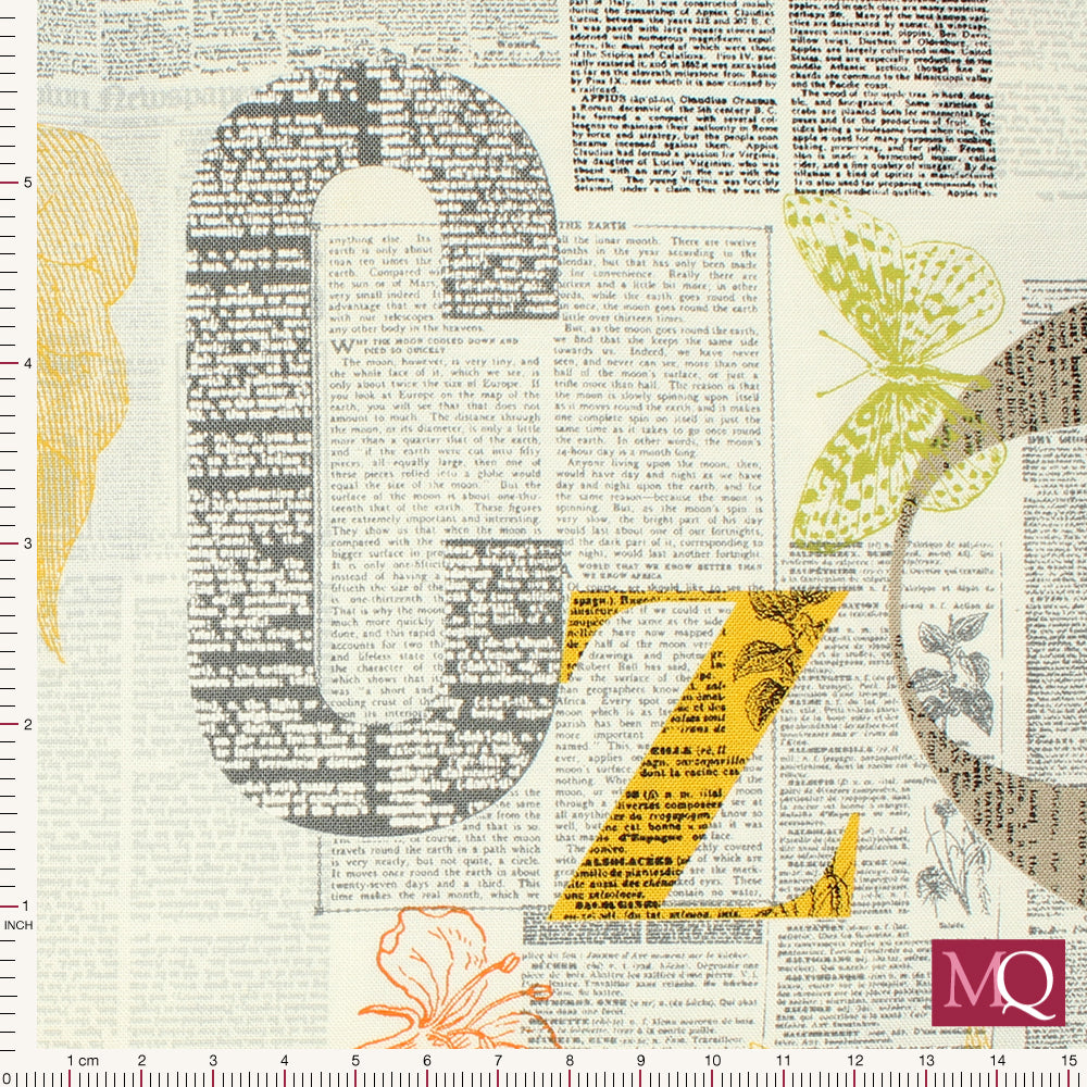 Cotton quilting fabric with snippets of antique newspapers overlaid with nature illustrations