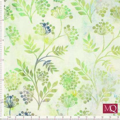 Cotton quilting fabric with floral stems in a light green tonal colourway