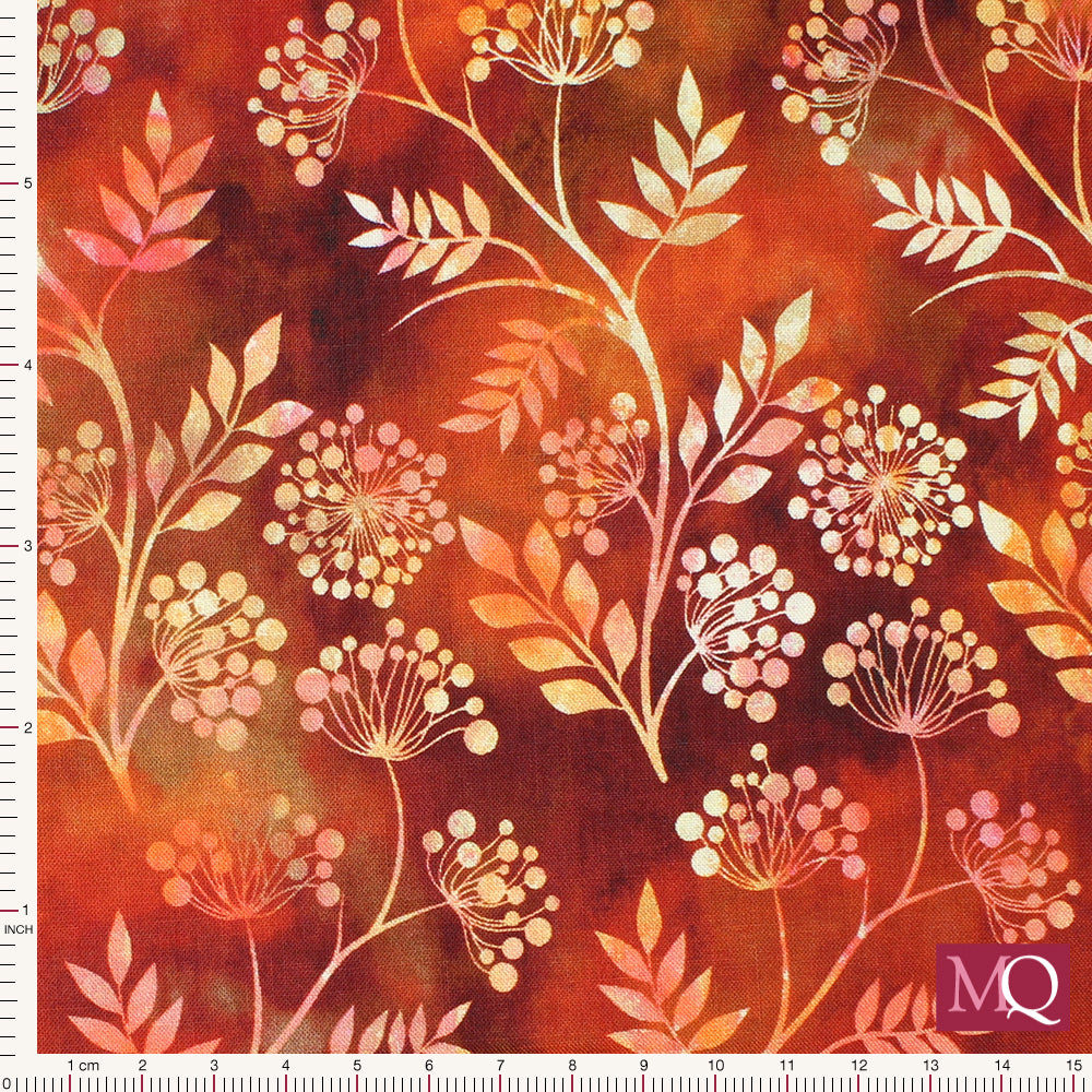 Cotton quilting fabric with batik style design - foliage on a mottled red orange backdrop