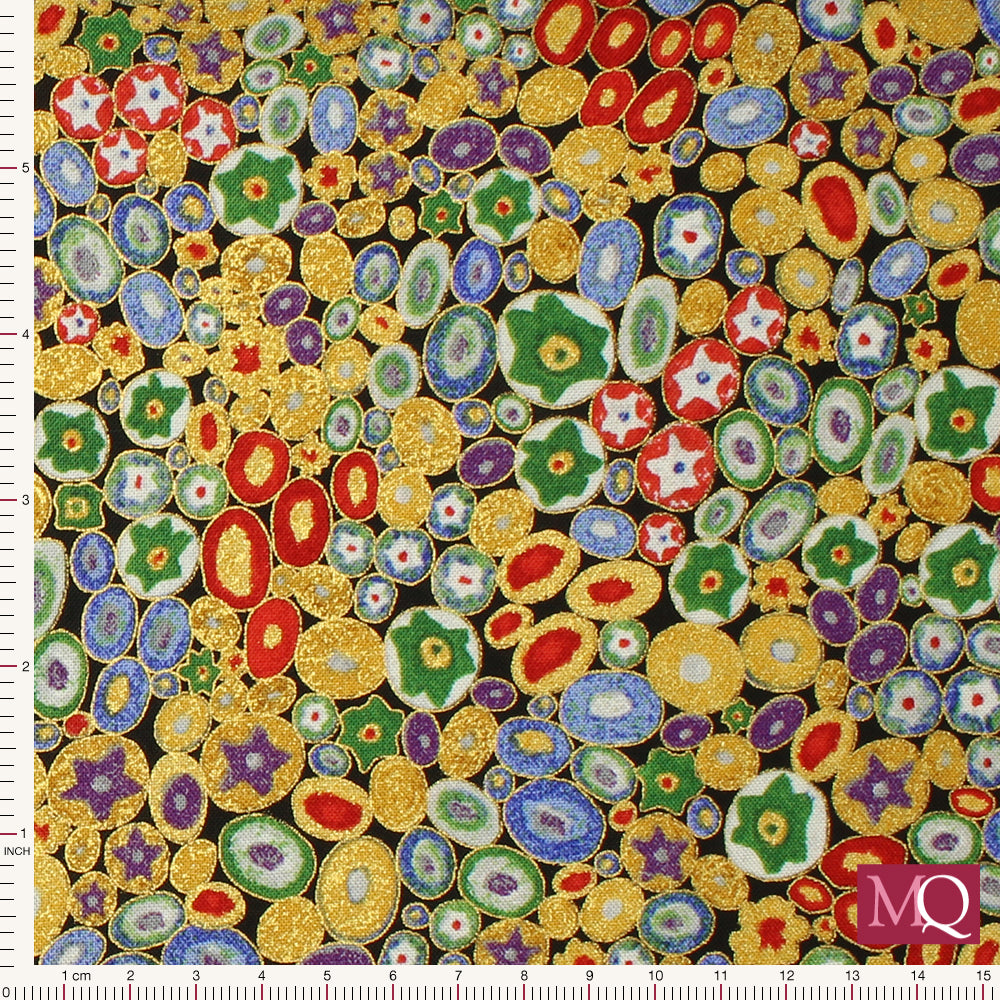 Cotton quilting fabric inspired by Gustav Klimt with shimmering gold highlights and multi colours.