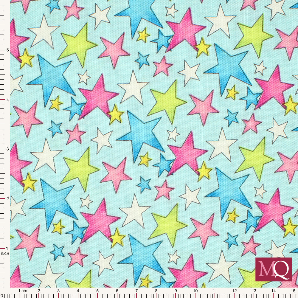Cotton quilting fabric with pink, blue and green overlapping stars on light blue background