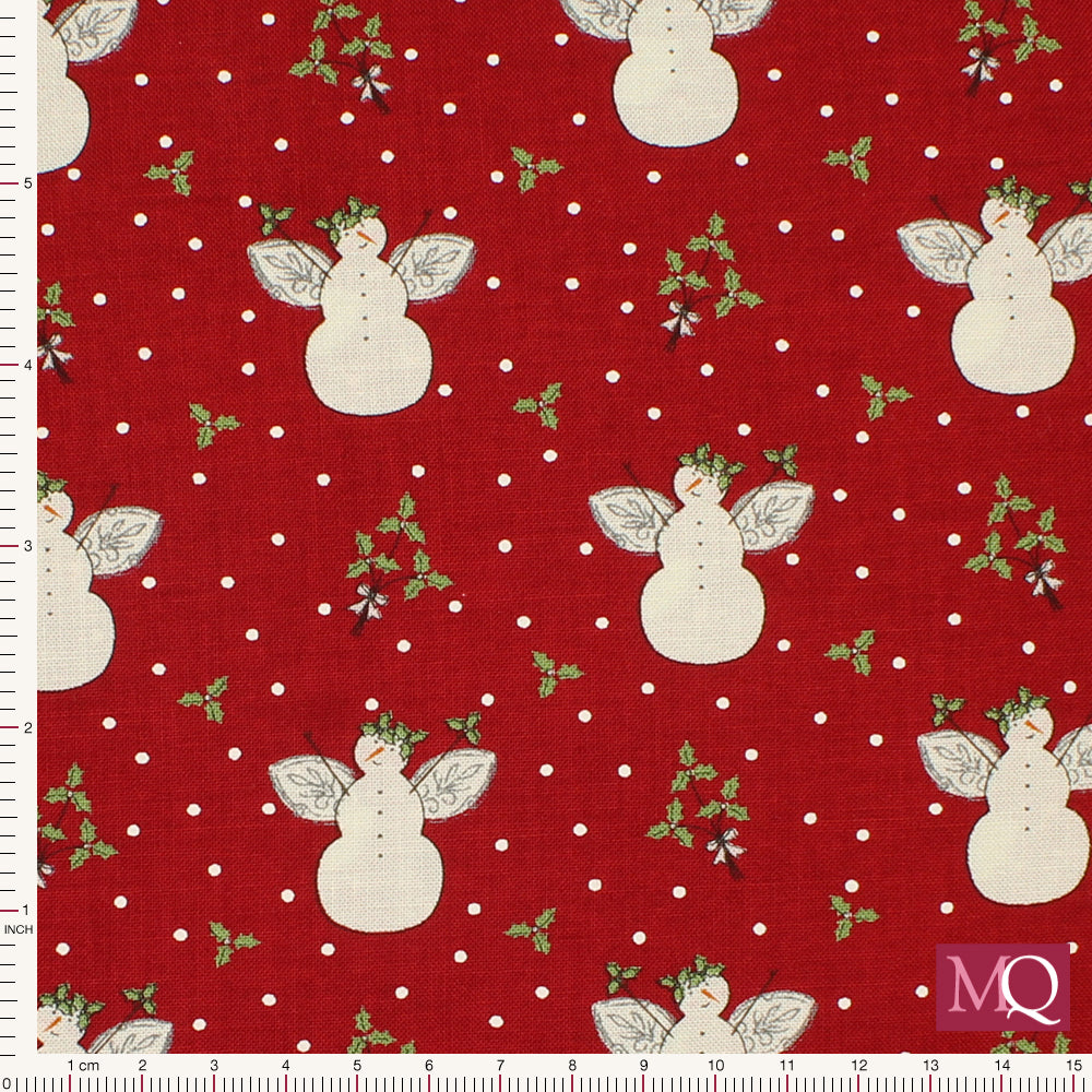 Christmas cotton quilting fabric with angel snowmen and holly design on red background with white polkadots