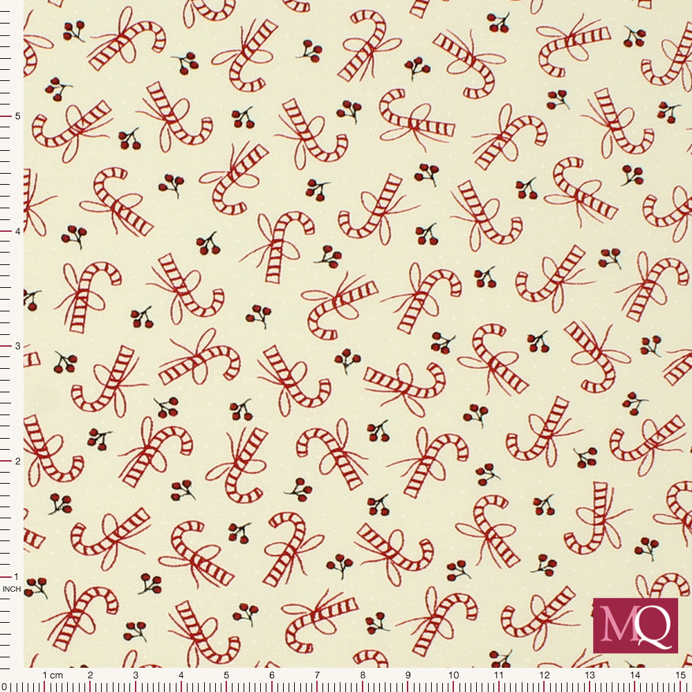 Cotton quilting fabric with modern-retro candy cane design in red on cream background