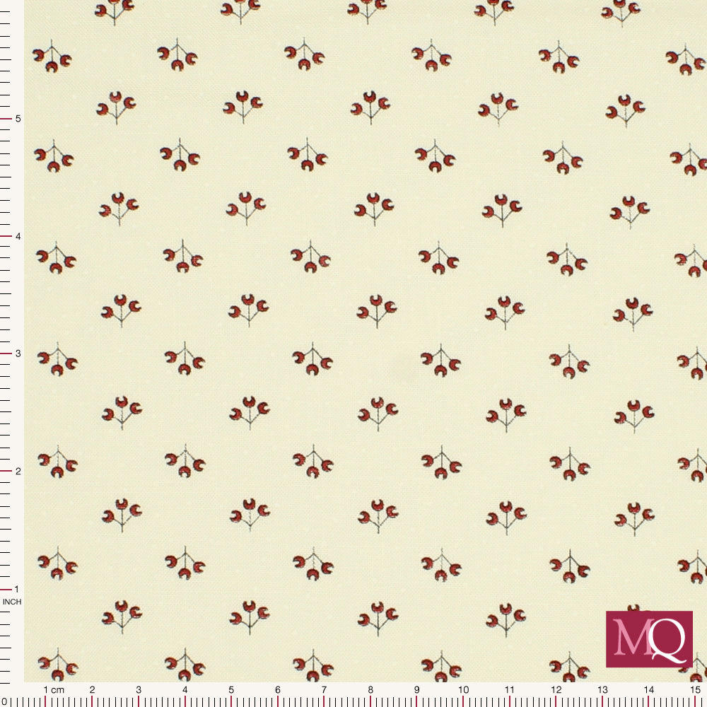 Cotton quilting fabric with delicate red flowers on off-white background