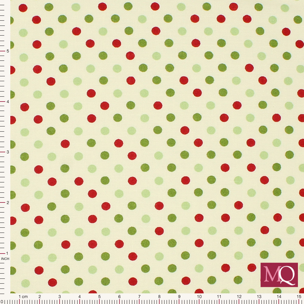 Cotton quilting fabric with green and red dots on cream background
