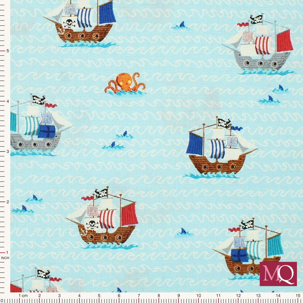Pirates Galleons in Light Blue by Makower