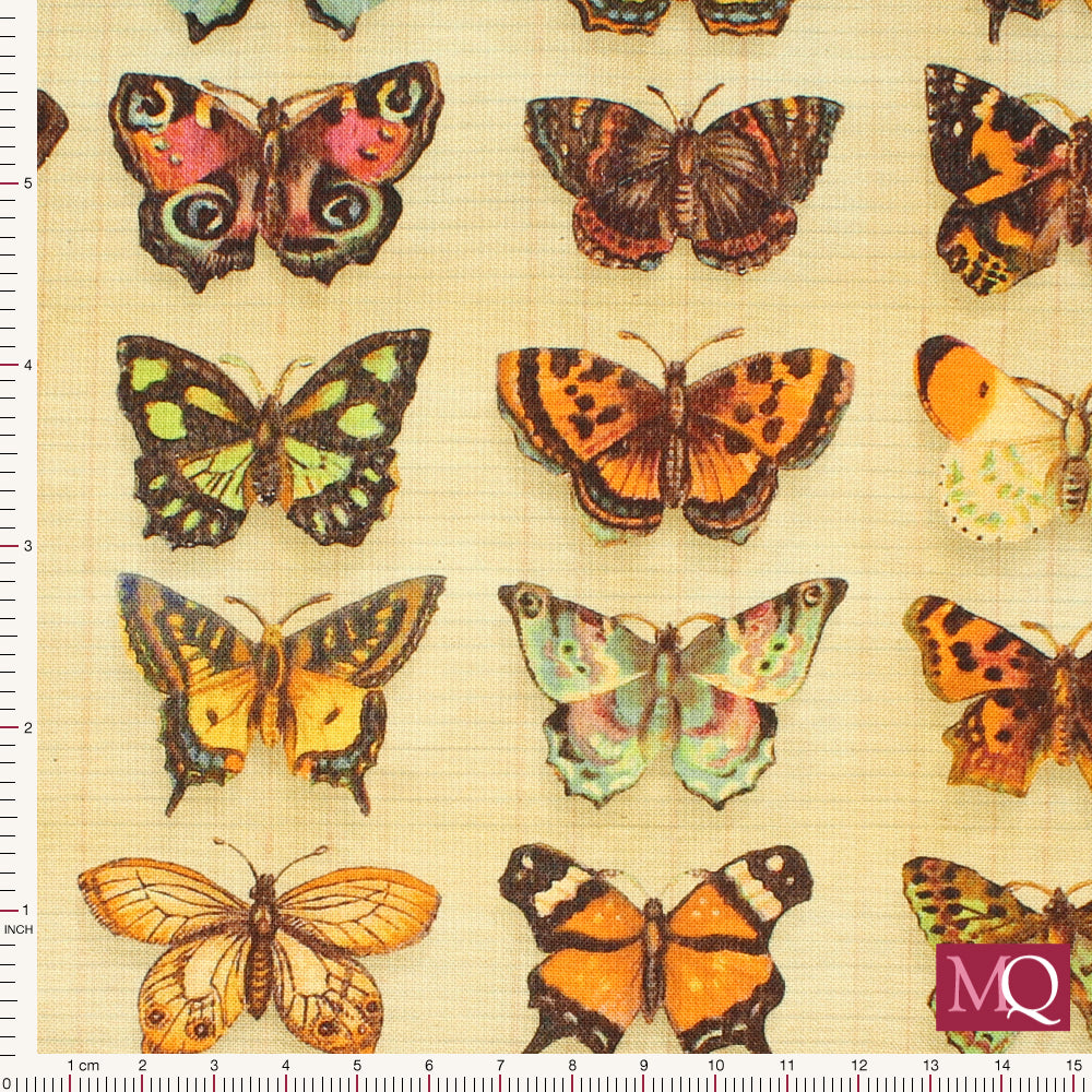 Cotton quilting fabric featuring antique butterfly illustrations on sepia background