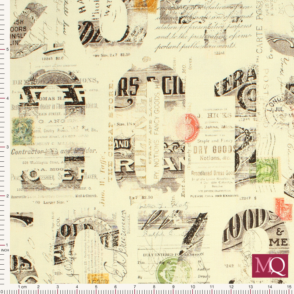Cotton quilting fabric with antique letters, receipts and notes in a numbers design