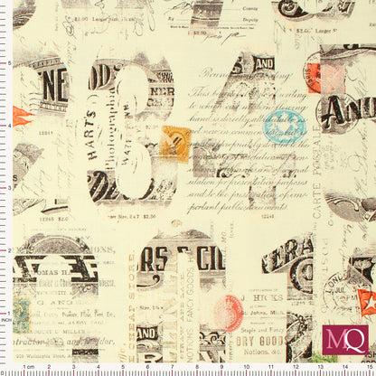 Cotton quilting fabric with antique letters, receipts and notes in a numbers design