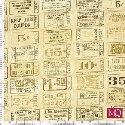 Cotton quilting fabric featuring lines of old fashioned antique coupons