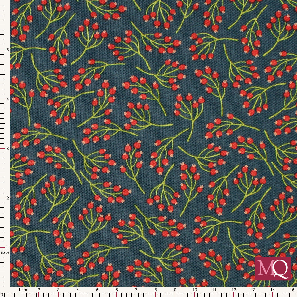 Cotton quilting fabric with subtle Christmas theme - red berries on midnight blue background